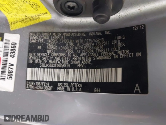 2013 Toyota Sienna LE with VIN 5TDJK3DC0DS056429, listed as a IAAI auction lot 41633193 with 167,321 mi miles and . Bid and sale history available at DreamBid. Image 9.