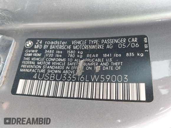 2006 BMW Z4 3.0i with VIN 4USBU33516LW59003, listed as a IAAI auction lot 42578979 with 82,386 mi miles and . Bid and sale history available at DreamBid. Image 9.