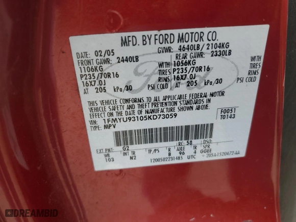 2005 Ford Escape XLT with VIN 1FMYU93105KD73059, listed as a Copart auction lot 53149615 with 143,739 mi miles and Salvage Title. Bid and sale history available at carsss.com. Image 13.