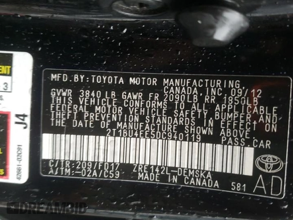 2013 Toyota Corolla L with VIN 2T1BU4EE5DC940119, listed as a Copart auction lot 50065455 with 226,718 mi miles and Salvage Title. Bid and sale history available at carsss.com. Image 12.