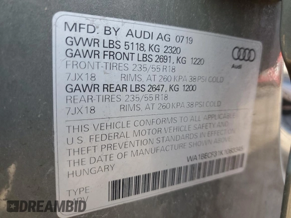 2019 Audi Q3 Premium Plus with VIN WA1BECF31K1083345, listed as a Copart auction lot 62835714 with 51,274 mi miles and Salvage Title. Bid and sale history available at carsss.com. Image 14.