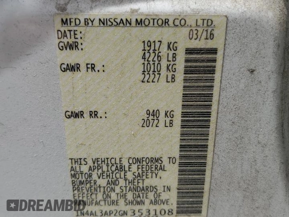 2016 Nissan Altima 2.5 S with VIN 1N4AL3AP2GN353108, listed as a Copart auction lot 52704355 with 111,327 mi miles and Salvage Title. Bid and sale history available at carsss.com. Image 15.