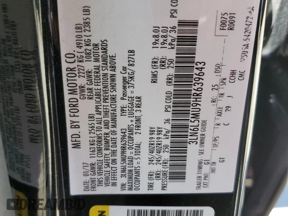 2017 Lincoln MKZ Hybrid Reserve with VIN 3LN6L5MU9HR639643, listed as a Copart auction lot 49962385 with 145,070 mi miles and Salvage Title. Bid and sale history available at DreamBid. Image 13.