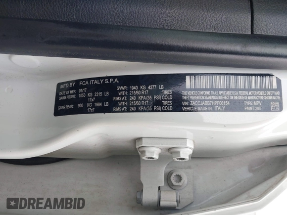2017 Jeep Renegade Altitude with VIN ZACCJABB7HPF06154, listed as a IAAI auction lot 41441567 with 124,074 mi miles and . Bid and sale history available at DreamBid. Image 9.