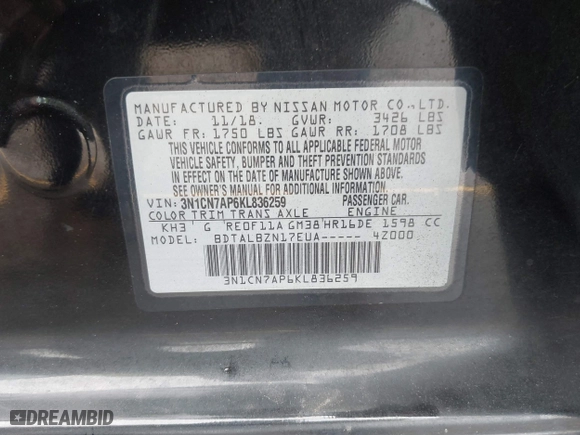 2019 Nissan Versa Sedan SV with VIN 3N1CN7AP6KL836259, listed as a IAAI auction lot 42106727 with 135,385 mi miles. Bid and sale history available at carsss.com. Image 9.