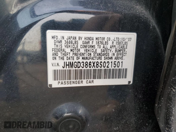 2008 Honda Fit Sport with VIN JHMGD386X8S021501, listed as a Copart auction lot 46508985 with 196,303 mi miles and Salvage Title. Bid and sale history available at carsss.com. Image 12.