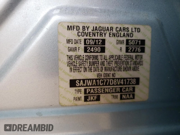 2013 Jaguar XJ with VIN SAJWA1C77D8V41738, listed as a Copart auction lot 53796225 with 104,063 mi miles and Salvage Title. Bid and sale history available at DreamBid. Image 13.