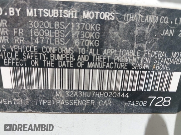 2017 Mitsubishi Mirage ES with VIN ML32A3HJ7HH020444, listed as a IAAI auction lot 42651544 with 87,011 mi miles and . Bid and sale history available at DreamBid. Image 9.
