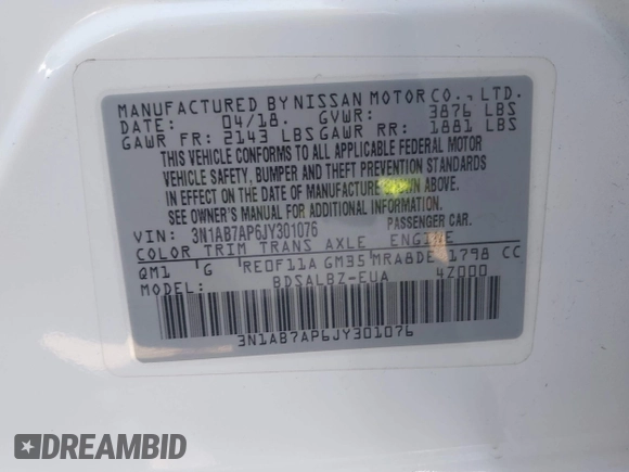 2018 Nissan Sentra S z VIN 3N1AB7AP6JY301076, wystawiony jako IAAI lot #42300529 z przebiegiem 117 730 mil mil oraz . Historia ofert i sprzedaży dostępna na DreamBid. Obrazek 9.