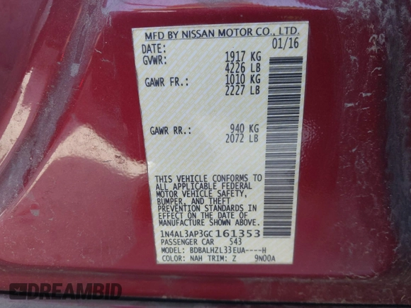 2016 Nissan Altima SR with VIN 1N4AL3AP3GC161353, listed as a IAAI auction lot 42148618 with 125,797 mi miles and . Bid and sale history available at DreamBid. Image 9.