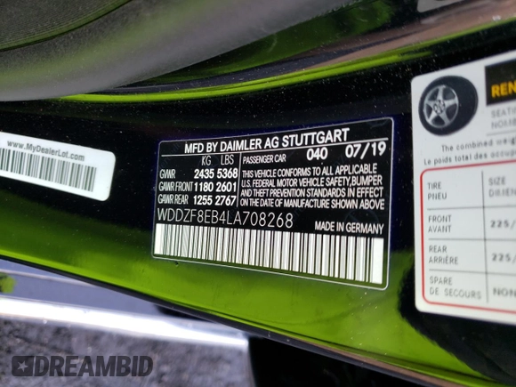 2020 Mercedes-Benz E 350 with VIN WDDZF8EB4LA708268, listed as a Copart auction lot 41656383 with 35,674 mi miles and . Bid and sale history available at DreamBid. Image 12.