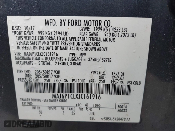 2018 Ford EcoSport SES with VIN MAJ6P1CLXJC161916, listed as a IAAI auction lot 41914892 with 39,776 mi miles and . Bid and sale history available at DreamBid. Image 9.