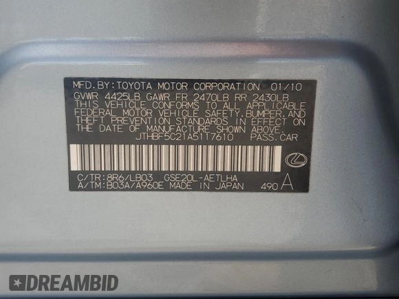 2010 Lexus IS 250 с VIN JTHBF5C21A5117610, выставлен на аукционе Copart как лот 64086605 с пробегом 143 594 миль миль и Списание • Salvage title. История ставок и продаж доступна на DreamBid. Изображение 12.