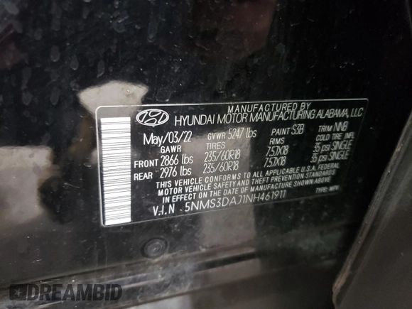 2022 Hyundai Santa Fe SEL z VIN 5NMS3DAJ1NH461911, wystawiony jako Copart lot #48126595 z przebiegiem 53 669 mil mil oraz Szkoda całkowita • Salvage title. Historia ofert i sprzedaży dostępna na DreamBid. Obrazek 15.