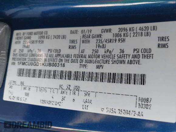 2019 Ford Escape SE with VIN 1FMCU0GD1KUB00318, listed as a IAAI auction lot 42059468 with 1 mi miles. Bid and sale history available at carsss.com. Image 9.