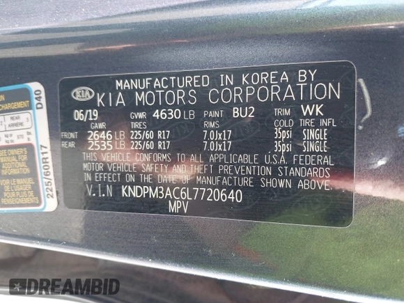 2020 Kia Sportage LX with VIN KNDPM3AC6L7720640, listed as a IAAI auction lot 41843861 with 114,977 mi miles. Bid and sale history available at carsss.com. Image 9.