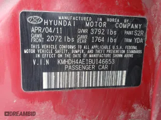 2011 Hyundai Elantra Ltd with VIN KMHDH4AE1BU146653, listed as a Copart auction lot 52102595 with 145,947 mi miles and Salvage Title. Bid and sale history available at carsss.com. Image 12.