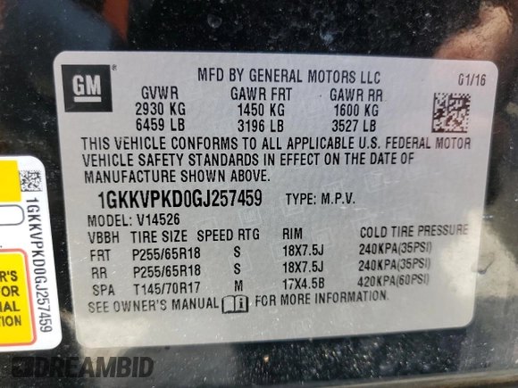 2016 GMC Acadia SLE with VIN 1GKKVPKD0GJ257459, listed as a Copart auction lot 52382485 with 115,997 mi miles and Salvage Title. Bid and sale history available at carsss.com. Image 13.
