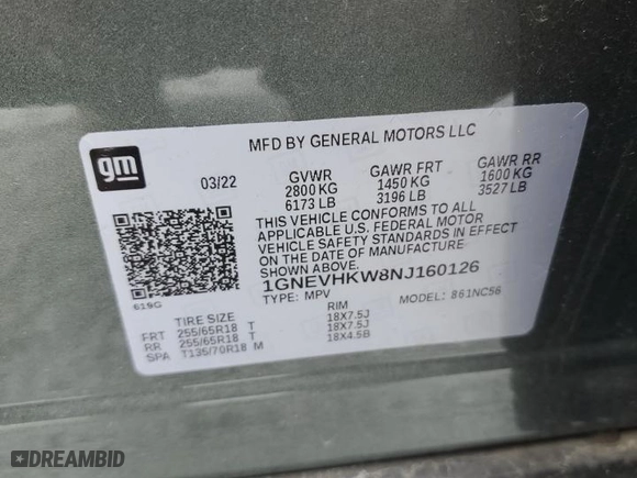2022 Chevrolet Traverse LT Leather with VIN 1GNEVHKW8NJ160126, listed as a Copart auction lot 45584605 with 0 mi miles and Salvage Title. Bid and sale history available at carsss.com. Image 14.