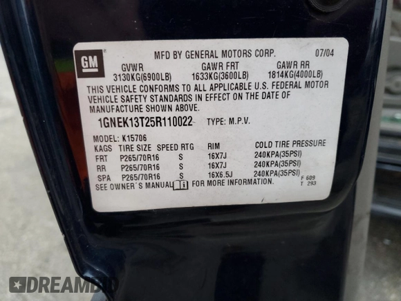 2005 Chevrolet Tahoe LT z VIN 1GNEK13T25R110022, wystawiony jako Copart lot #52798655 z przebiegiem Nie podano mil oraz Szkoda całkowita • Salvage title. Historia ofert i sprzedaży dostępna na DreamBid. Obrazek 13.