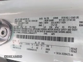 2020 Ford Escape SE с VIN 1FMCU0G62LUB44377, выставлен на аукционе IAAI как лот 42362034 с пробегом 155 491 миль миль и . История ставок и продаж доступна на DreamBid. Изображение 9.