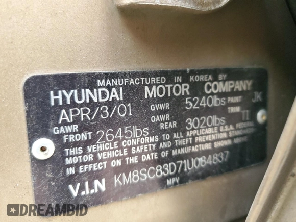 2001 Hyundai Santa Fe GLS with VIN KM8SC83D71U084837, listed as a Copart auction lot 77588984 with 102,585 mi miles and Salvage Title. Bid and sale history available at carsss.com. Image 13.