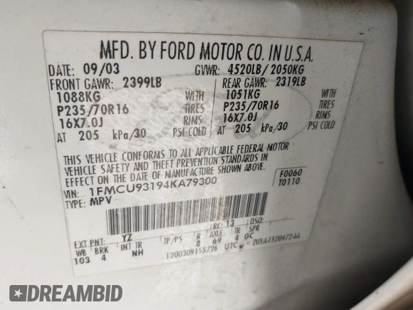 2004 Ford Escape XLT с VIN 1FMCU93194KA79300, выставлен на аукционе IAAI как лот 42445143 с пробегом 200 384 миль миль и . История ставок и продаж доступна на DreamBid. Изображение 9.
