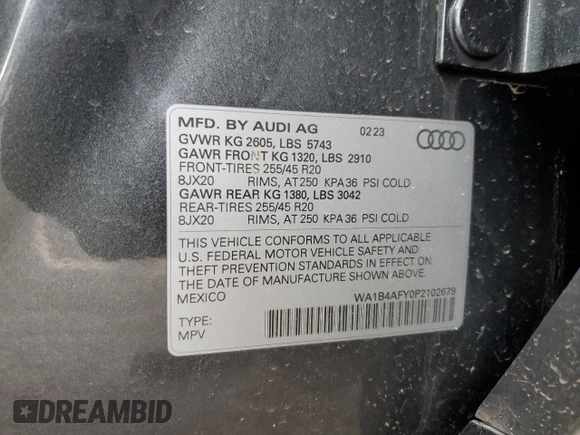 2023 Audi SQ5 Premium Plus with VIN WA1B4AFY0P2102679, listed as a Copart auction lot 47826385 with 13,986 mi miles and Salvage Title. Bid and sale history available at carsss.com. Image 13.