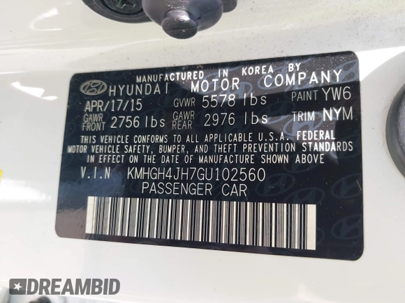 2016 Hyundai Equus Signature with VIN KMHGH4JH7GU102560, listed as a IAAI auction lot 42405555 with 95,702 mi miles and . Bid and sale history available at DreamBid. Image 9.