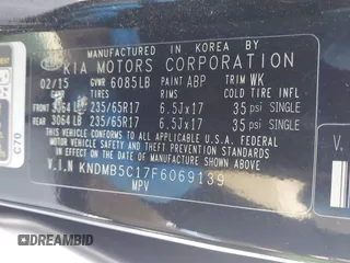 2015 Kia Sedona LX with VIN KNDMB5C17F6069139, listed as a IAAI auction lot 42064125 with 226,244 mi miles and . Bid and sale history available at DreamBid. Image 9.