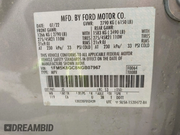 2022 Ford Explorer ST with VIN 1FM5K8GC8NGB07967, listed as a IAAI auction lot 41978884 with 30,419 mi miles. Bid and sale history available at carsss.com. Image 9.