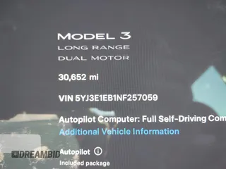 2022 Tesla Model 3 Long Range with VIN 5YJ3E1EB1NF257059, listed as a IAAI auction lot 41329318 with 30,652 mi miles and . Bid and sale history available at DreamBid. Image 7.