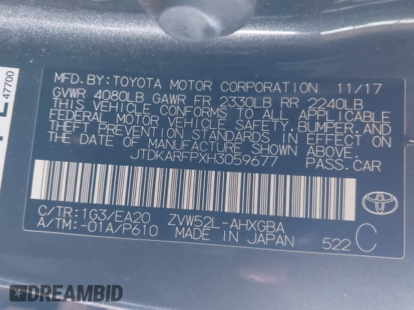 2017 Toyota Prius Plus with VIN JTDKARFPXH3059677, listed as a IAAI auction lot 42316908 with Not provided miles and . Bid and sale history available at DreamBid. Image 9.