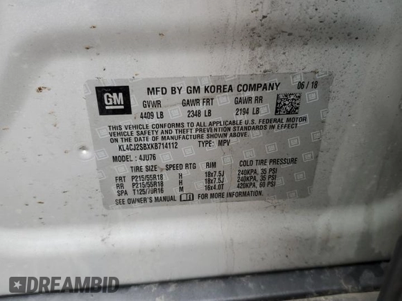 2019 Buick Encore Sport Touring with VIN KL4CJ2SBXKB714112, listed as a Copart auction lot 51063705 with Not Provided miles and Salvage Title. Bid and sale history available at DreamBid. Image 14.