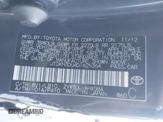 2013 Toyota Prius One with VIN JTDKN3DU4D1625364, listed as a IAAI auction lot 41350022 with 86,299 mi miles. Bid and sale history available at carsss.com. Image 9.