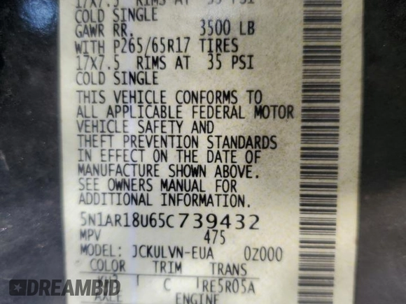 2005 Nissan Pathfinder SE with VIN 5N1AR18U65C739432, listed as a Copart auction lot 85381234 with 194,978 mi miles and Salvage Title. Bid and sale history available at carsss.com. Image 13.