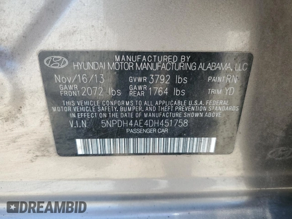 2013 Hyundai Elantra GLS with VIN 5NPDH4AE4DH451758, listed as a Copart auction lot 60124935 with 164,784 mi miles and Salvage title. Bid and sale history available at DreamBid. Image 12.