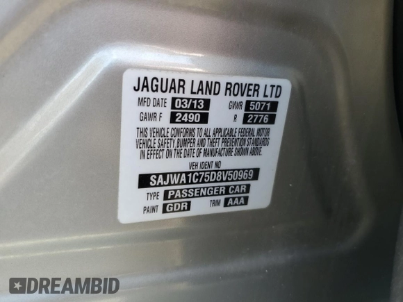 2013 Jaguar XJ with VIN SAJWA1C75D8V50969, listed as a Copart auction lot 53834985 with Not Provided miles and Salvage Title. Bid and sale history available at DreamBid. Image 12.