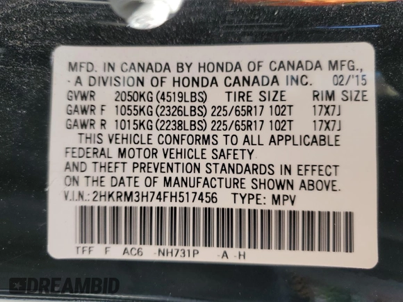 2015 Honda CR-V EX-L with VIN 2HKRM3H74FH517456, listed as a Copart auction lot 51527185 with 39,843 mi miles and Salvage Title. Bid and sale history available at carsss.com. Image 13.