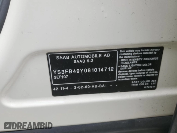 2008 Saab 9-3 z VIN YS3FB49Y081014712, wystawiony jako Copart lot #52555035 z przebiegiem 137 338 mil mil oraz Tytuł czysty. Historia ofert i sprzedaży dostępna na DreamBid. Obrazek 12.