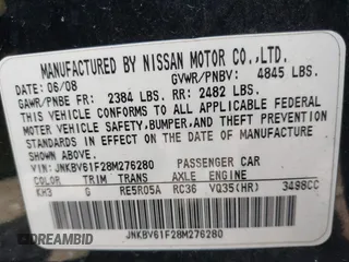 2008 Infiniti G35 Sedan x with VIN JNKBV61F28M276280, listed as a IAAI auction lot 41918513 with 122,201 mi miles. Bid and sale history available at carsss.com. Image 9.