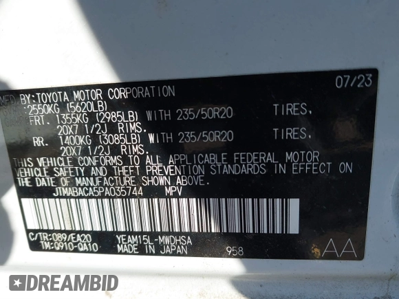 2023 Toyota bZ4X XLE z VIN JTMABACA5PA035744, wystawiony jako IAAI lot #41264742 z przebiegiem 27 792 mil mil oraz . Historia ofert i sprzedaży dostępna na DreamBid. Obrazek 9.