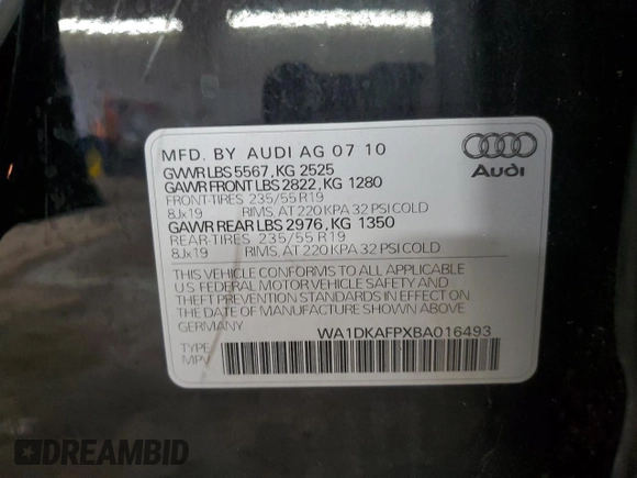 2011 Audi Q5 3.2L Premium Plus with VIN WA1DKAFPXBA016493, listed as a Copart auction lot 52188555 with 73,214 mi miles and Salvage Title. Bid and sale history available at carsss.com. Image 12.