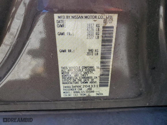 2017 Nissan Altima 2.5 SV with VIN 1N4AL3APXHC204331, listed as a Copart auction lot 50125335 with 98,697 mi miles and Salvage Title. Bid and sale history available at carsss.com. Image 14.