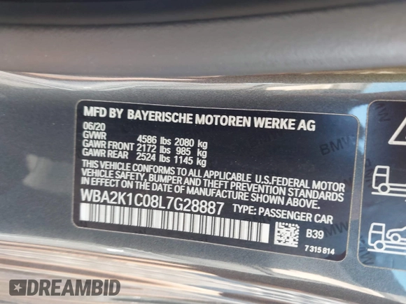 2020 BMW 2 Series 230i xDrive with VIN WBA2K1C08L7G28887, listed as a IAAI auction lot 42122785 with 30,599 mi miles and . Bid and sale history available at carsss.com. Image 9.