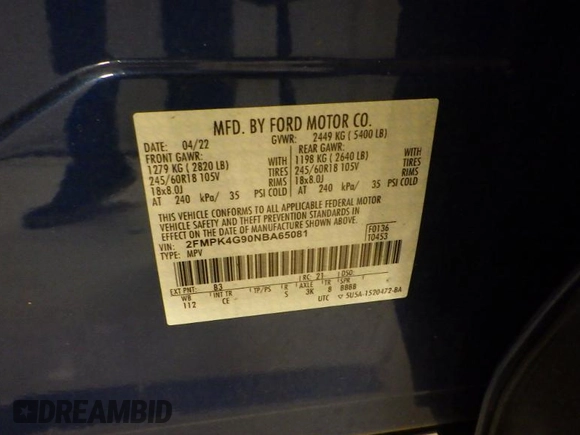 2022 Ford Edge SE with VIN 2FMPK4G90NBA65081, listed as a IAAI auction lot 42737673 with 56,532 mi miles and . Bid and sale history available at DreamBid. Image 2.