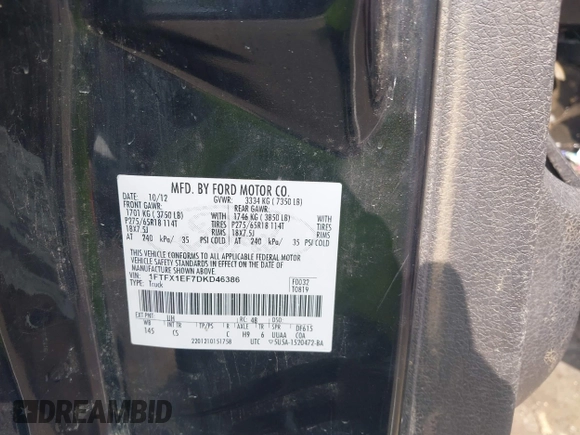 2013 Ford F-150 XL with VIN 1FTFX1EF7DKD46386, listed as a IAAI auction lot 42562563 with Not provided miles and . Bid and sale history available at DreamBid. Image 9.