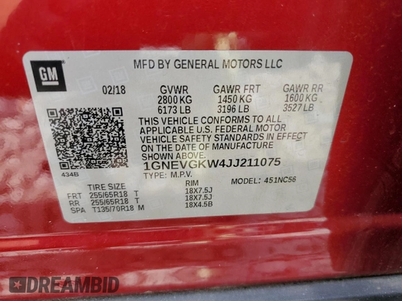 2018 Chevrolet Traverse LT Cloth with VIN 1GNEVGKW4JJ211075, listed as a Copart auction lot 62318324 with 90,150 mi miles and Salvage Title. Bid and sale history available at carsss.com. Image 13.