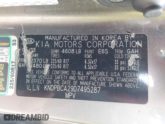 2013 Kia Sportage LX with VIN KNDPBCA29D7495287, listed as a IAAI auction lot 42537122 with 221,052 mi miles and . Bid and sale history available at DreamBid. Image 9.