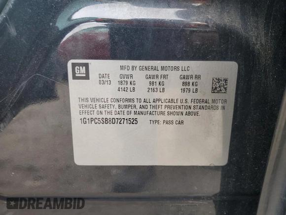 2013 Chevrolet Cruze 1LT with VIN 1G1PC5SB8D7271525, listed as a Copart auction lot 88031225 with 145,977 mi miles and Salvage Title. Bid and sale history available at DreamBid. Image 12.